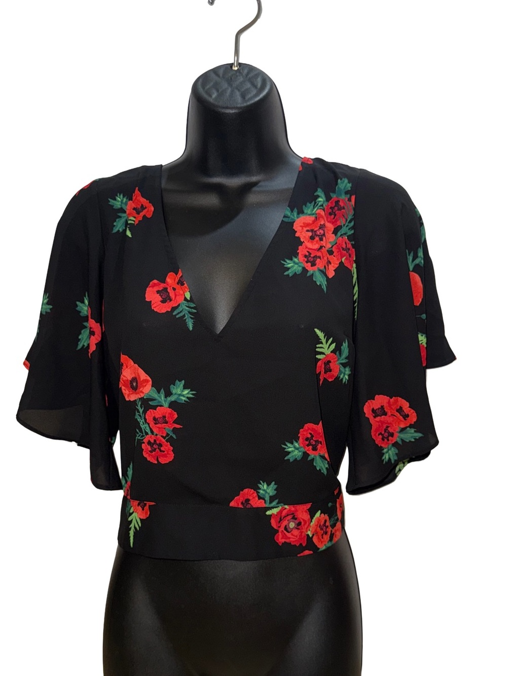 Express Black Top with Red Floral Print